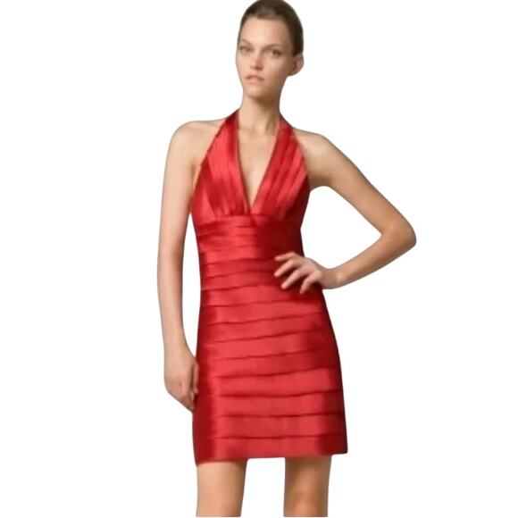Bcbgmaxazria Layered Sleeveless Halter Neck Dress Size 6 Red - Picture 1 of 6